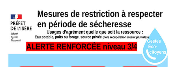  Vigilance sécheresse renforcée (niveau 3 sur 4) par le préfet de l’Isère